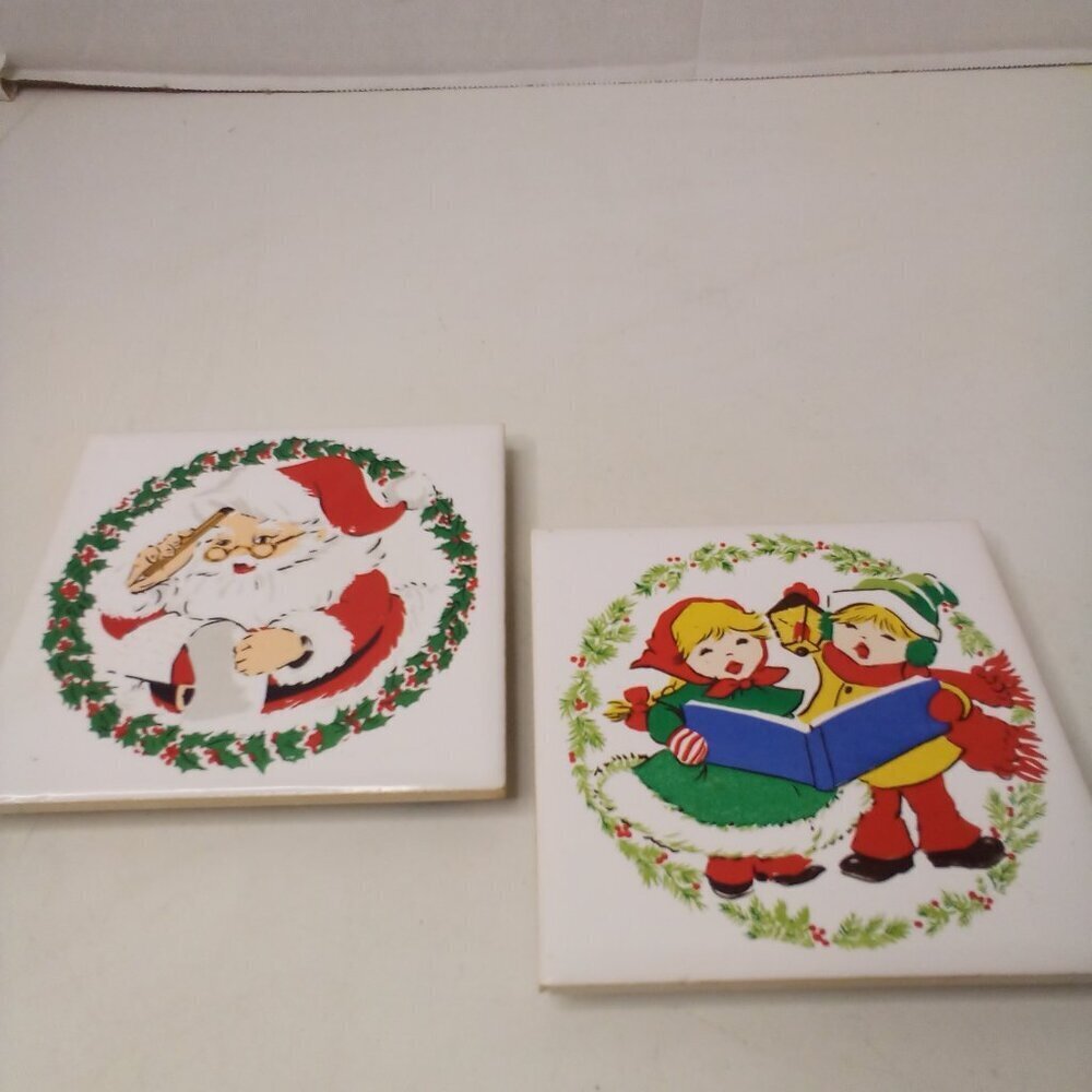 Vintage Jasco 1981 Ceramic Tile Trivet Coaster Christmas Santa Carolers Lot of 2